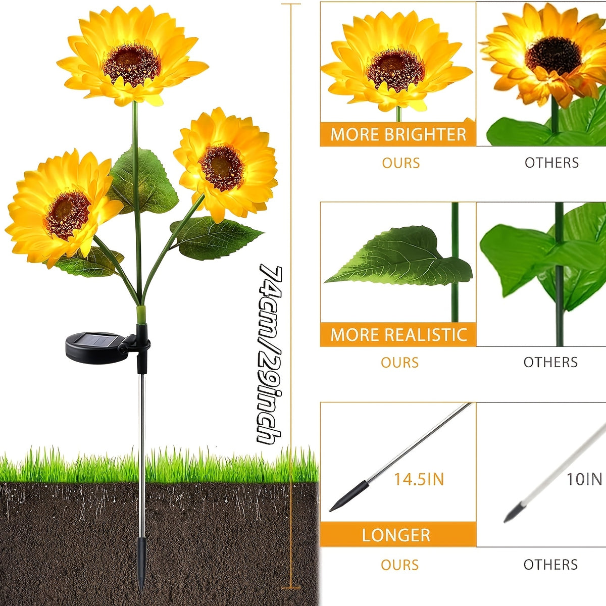 2/4PA (3 Sunflowers) Solar Outdoor Lights, Sunflower Garden Lights. Realistic night glow for decorating courtyards, lawns, homes, terraces and porches. Energy-saving outdoor lighting, garden lighting | Decorative LED Solar Garden Lights, IP44 Splash-proof