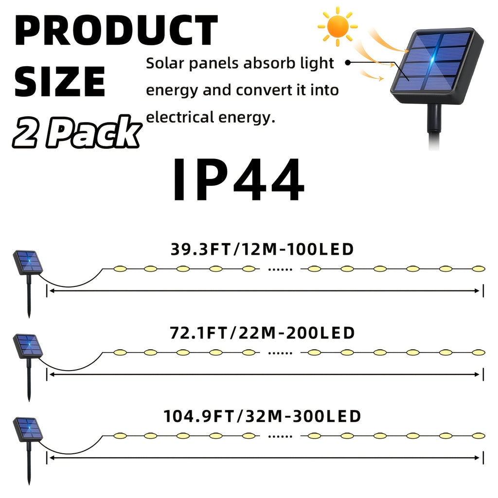 2 Pa Solar Fairy Copper Wire Lights with 100/200/300 high-brightness LED beads, solar-powered, 12 lighting modes. Outdoor fairy string lights suitable for decorations in gardens, yards, fences, camping, parties, birthdays and Christmas.
