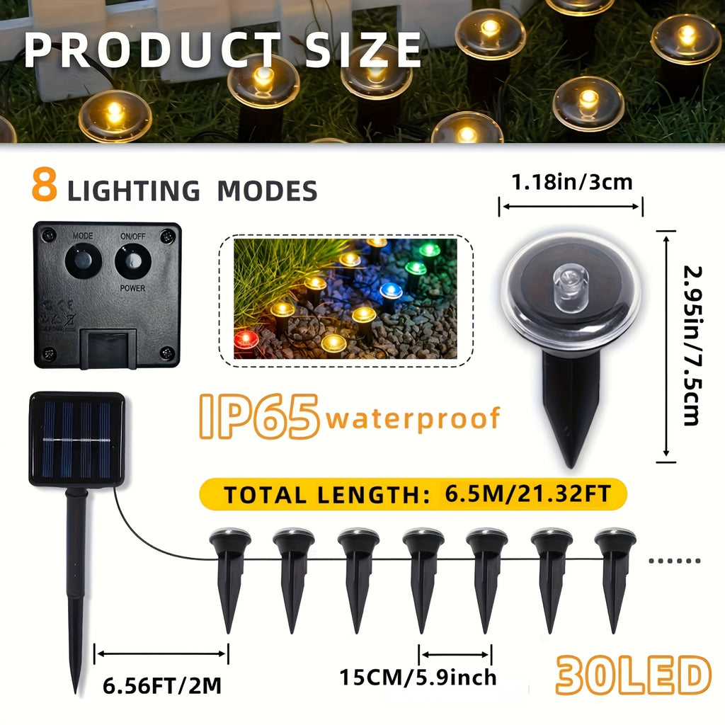 30 Solar Path Lights, Garden Decor Lights, Outdoor Ground Lamps, Landscape Lighting Decorations with 8 switchable modes, solar powered, IP44 waterproof. Ideal for lawns, camping, parties, dances, weddings and Christmas decorations.