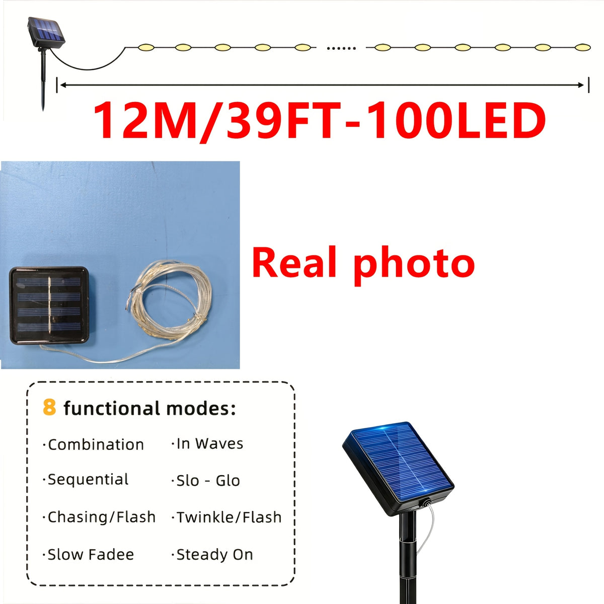 4 packs solar string lights, multiple colors available, total length 160 feet (39 feet per pack with 100 LEDs). Solar Christmas tree lights with 8 lighting modes, suitable for indoor home, courtyard and party decorations.