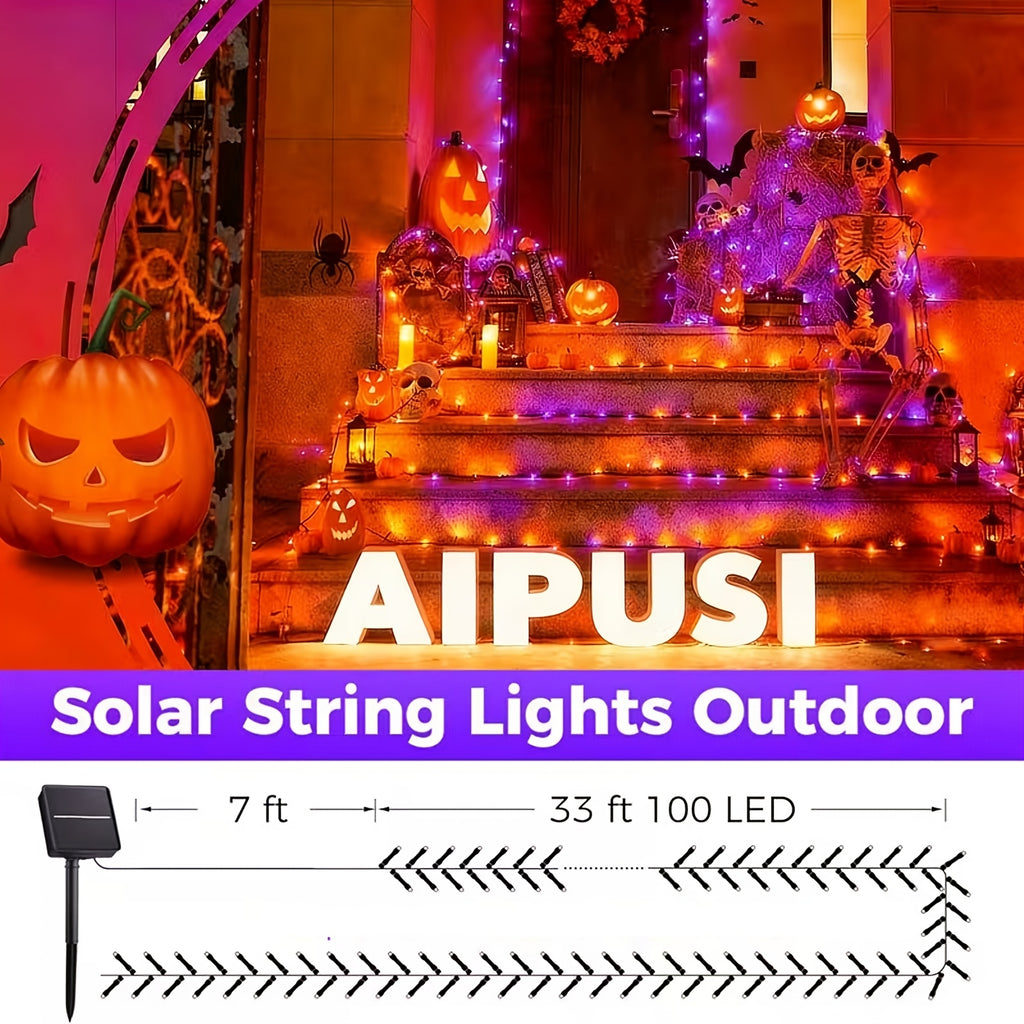 4 Packs Solar Halloween Decorative Lights, Orange and Purple Lights. Each pack of solar outdoor string lights (39FT-100LED) features 8 lighting flash modes. These waterproof lights are ideal for decorating your garden for Halloween,