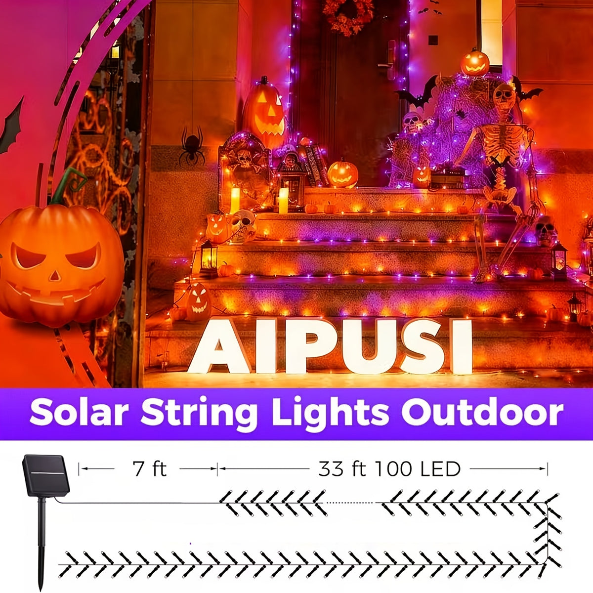 4 Packs Solar Halloween Decorative Lights, Orange and Purple Lights. Each pack of solar outdoor string lights (39FT-100LED) features 8 lighting flash modes. These waterproof lights are ideal for decorating your garden for Halloween,