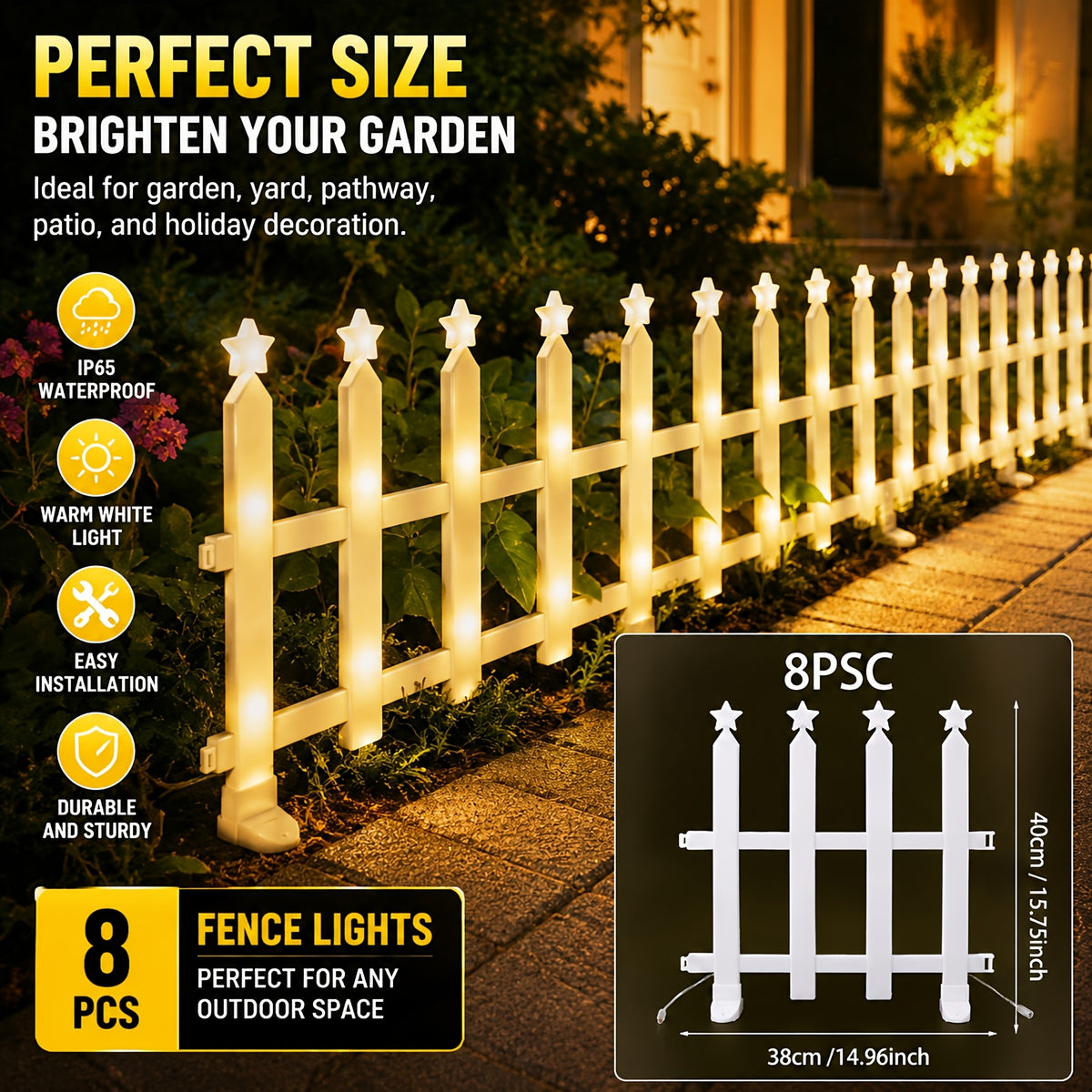 8-Piece Solar Outdoor Lights, Independence Day Decorative Lights, July 4th Star Decor Lights, Simulated Fence for Garden Decoration, Connectable in Multiple Sets, IP65 Splash-Proof for Outdoor Use, 8 Flashing Modes, 3600mAh Battery.