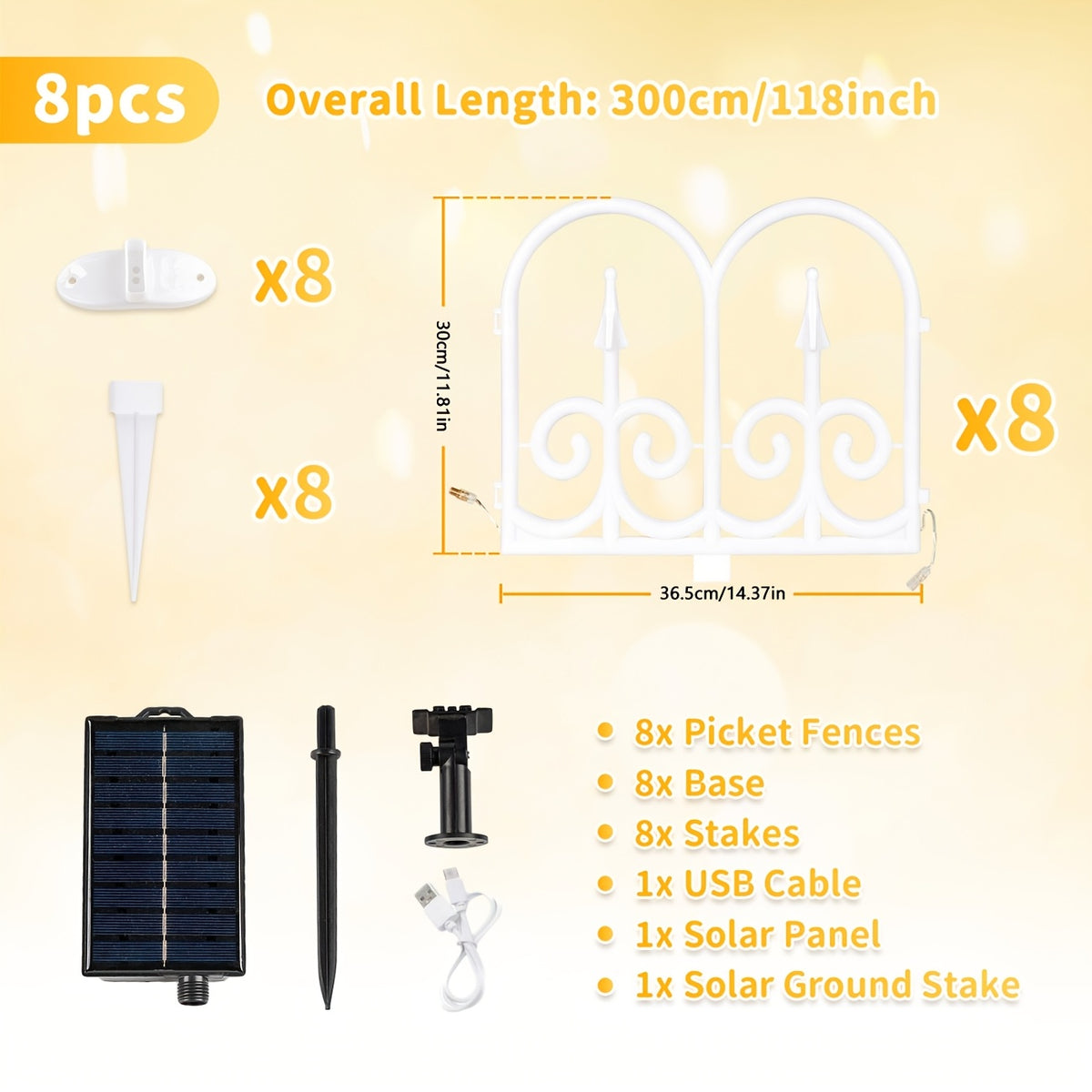 8-piece solar outdoor lights, decorative simulated garden fences that can be spliced together. IP65 splash-proof for outdoor use, featuring 12 flashing modes and a 3600mAh battery. An ideal choice for Christmas, Independence Day,