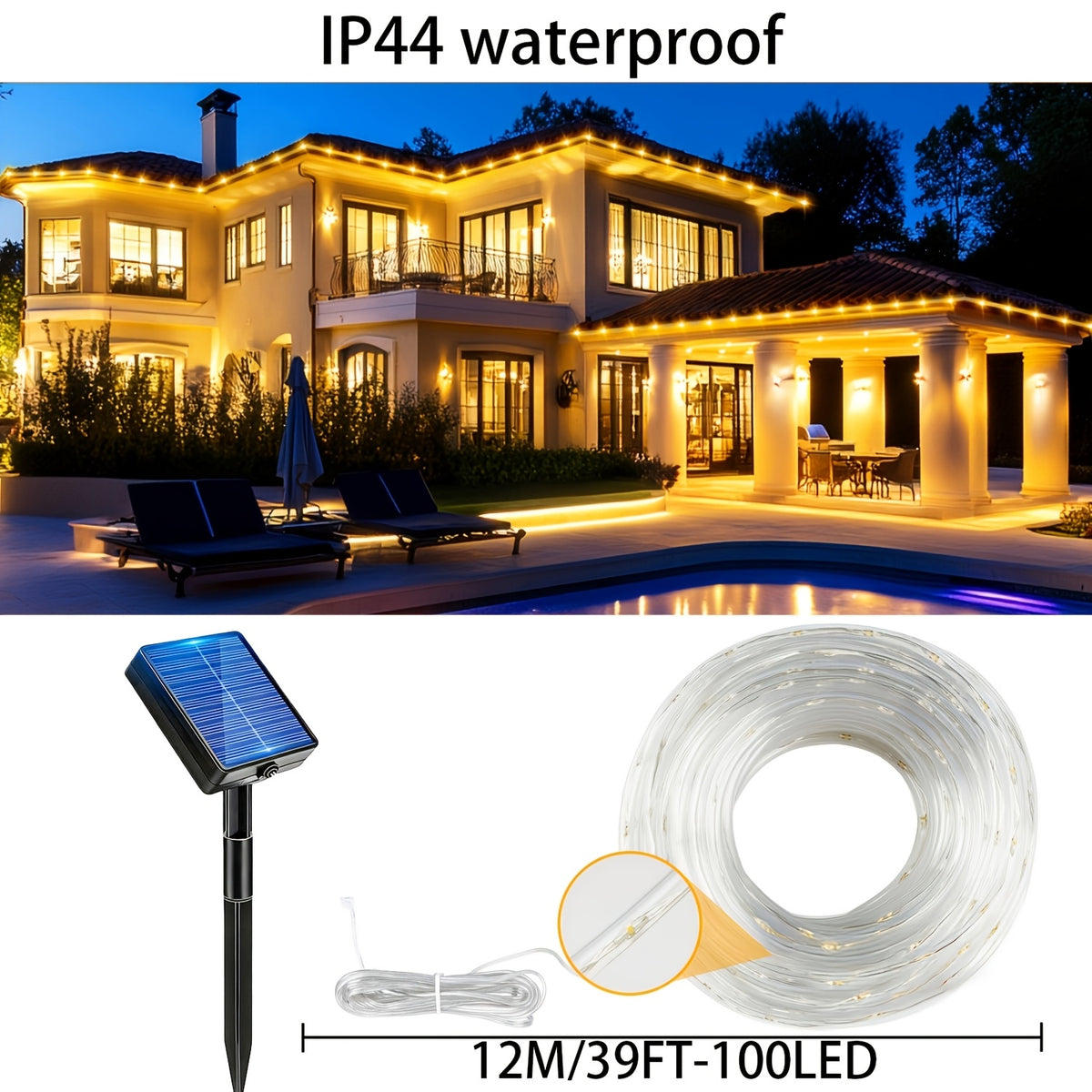 Outdoor Solar Garden String Lights with 100 LED Bulbs, 39 Feet Long, 800mAh Battery, IP44 Protection Rating, Extra-Long Dreamy Light Strings. 8 Lighting Modes for Reliable Use. Ideal for Decorating Your Courtyard, Porch, Trees and Patio.