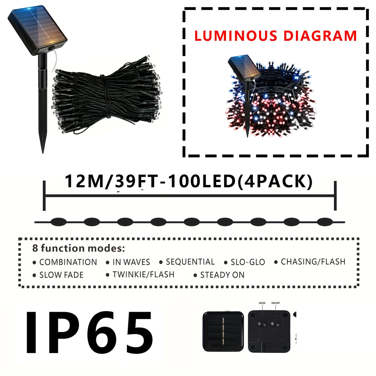 Red White Blue Solar String Lights for Independence Day, 4 Sets with 100 Lights Each, 8 Lighting Modes, Patriotic Decorative Lights. Battery-Free Holiday Ambience Rope Lights, IP65 Splash-Proof for Outdoor Use, Suitable for Courtyards, Gardens,