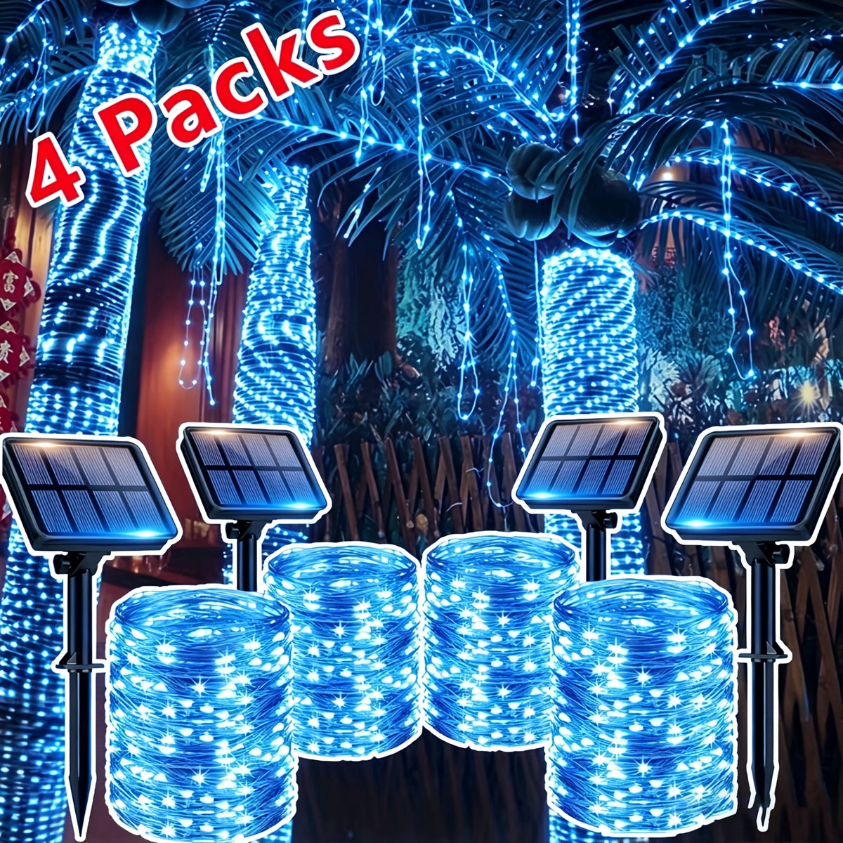 Outdoor Solar String Light Set (4 Pack, 472.44 Inches per Pack with 100 LED Bulbs), IP44 Rated, 8 Lighting Modes, Ideal for Villas, Parties, Trees, Gardens, Ramadan, Valentine's Day, Christmas and Wedding Decorations