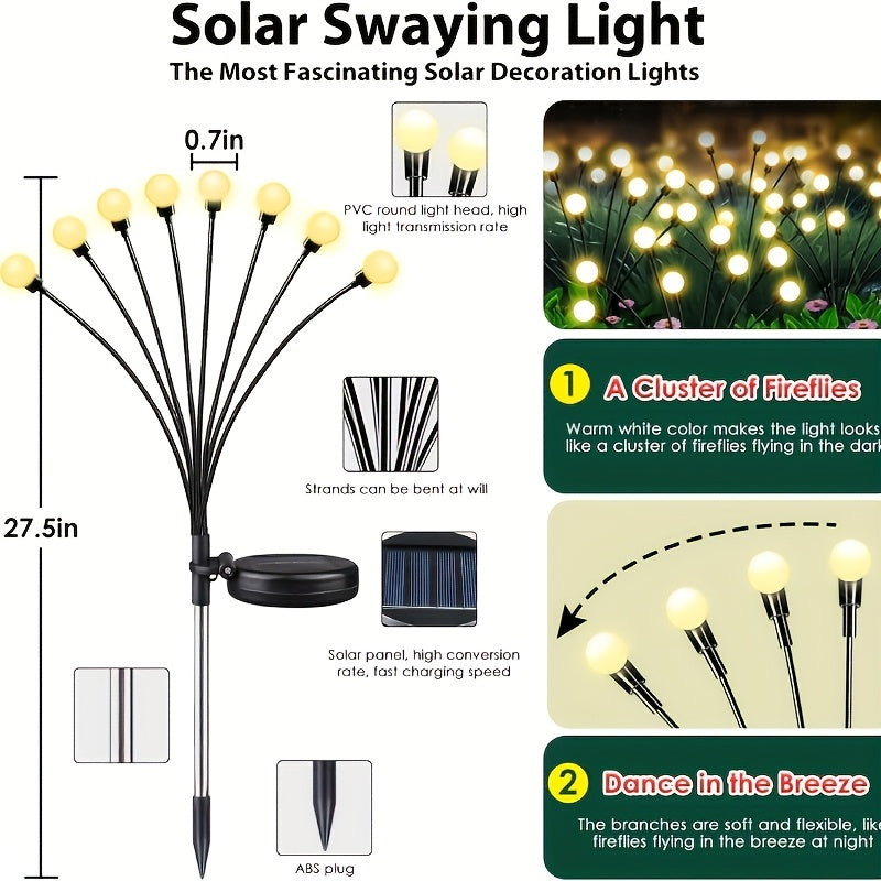 Solar Outdoor Ground Plug Lights, 4 Pack × 8 LED Solar Firefly Lawn Lights, 12-Mode Warm White Courtyard Fairy Lights, swaying with the wind, light sensor equipped, with ground spike fittings, suitable for outdoor courtyard decoration, festivals