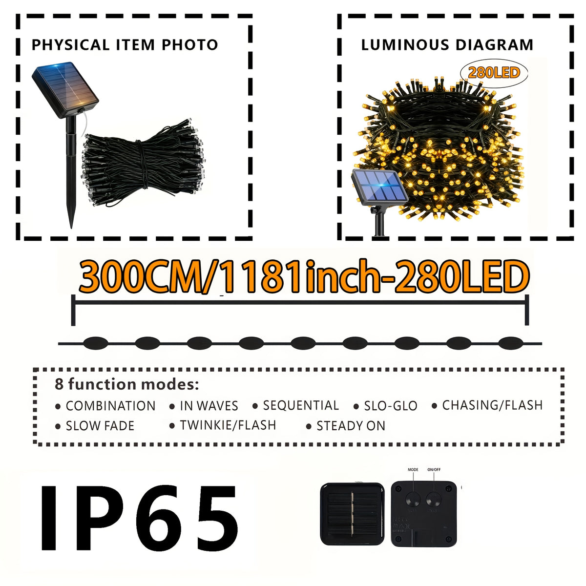Outdoor Solar LED String Lights, 1 pack with 280 LEDs over 98 feet, IP65 splash-proof. The twinkling light string is ideal for decorating gardens, patios, Christmas, Valentine's Day, festivals, offices and bedrooms, equipped with a large 1200mAh battery.