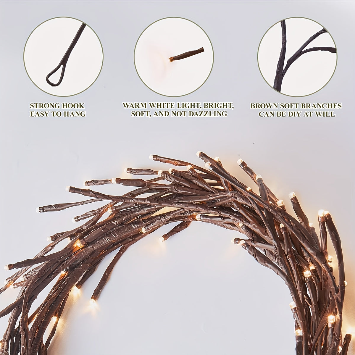 1 piece, 96 LED Willow Vine Lights, 1.8M/5.9ft, indoor decoration, 8 lighting modes fairy lights, USB-powered DIY holiday vine lights for home, wall, staircase and birthday decor