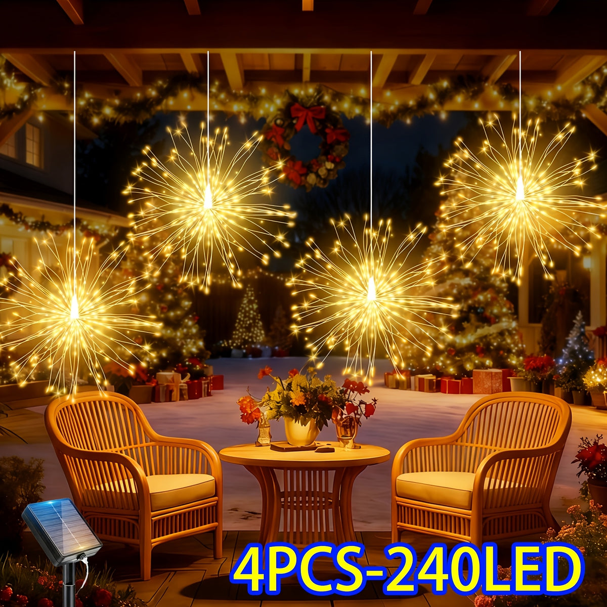 240 LED Solar Hanging Firework Lights, 4 firework lights powered by one main unit, starburst ball lights with 8 selectable modes.balcony railings and porch dinner lighting accents on Christmas Eve, IP44 splash-proof for outdoor use