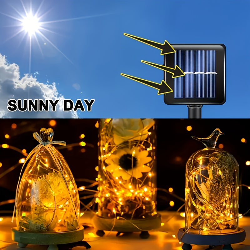 2 packs of solar light strings, ambient lights. Each pack is 39 feet long with 100 LED solar lights. Each string features copper wire flickering with 8 lighting modes, suitable for wedding decorations and outdoor use with IP44 waterproof rating.