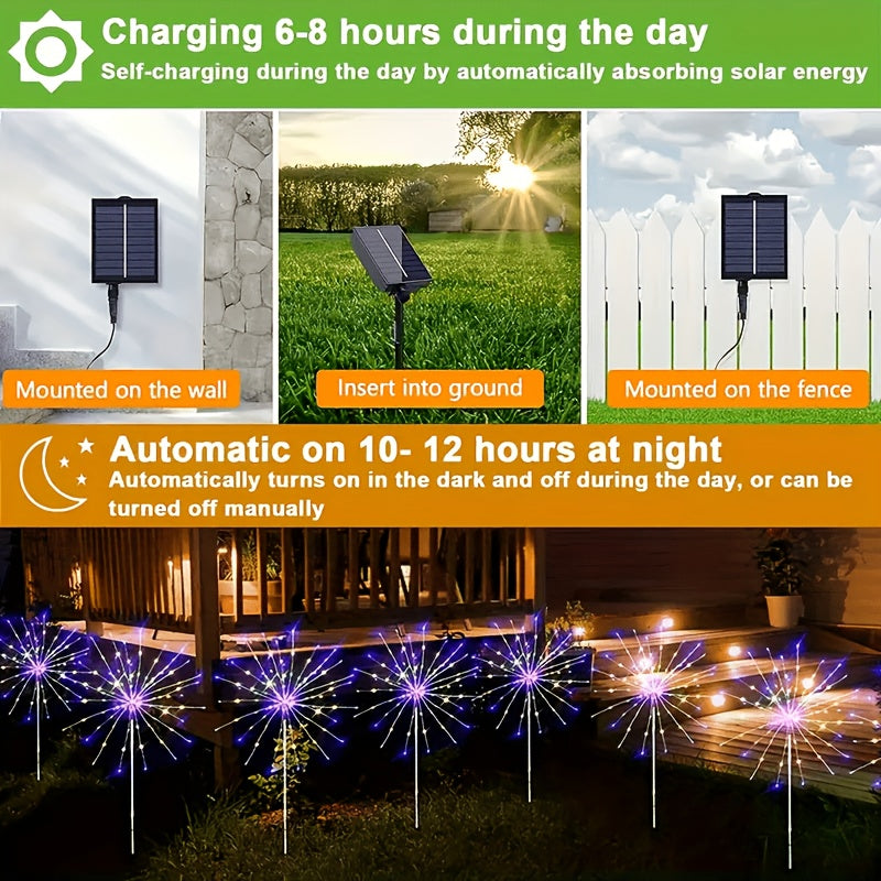 4 Solar Firework Lights, Outdoor Garden 240 LED Firework Lights for Christmas and Thanksgiving Decorations, IP44 Waterproof with 8 Lighting Modes, Warm White / Multicolor Balconies, Pathways, Lawns and Camping