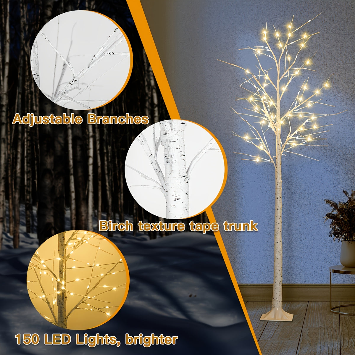 6ft (70.87in) LED Artificial White Birch Tree, USB Powered Warm White Light - Perfect Valentine's Day Decor Gift, Indoor String Lights for Home, Office and Living Room, Ideal for Seasonal Weddings, Halloween, Thanksgiving and Christmas
