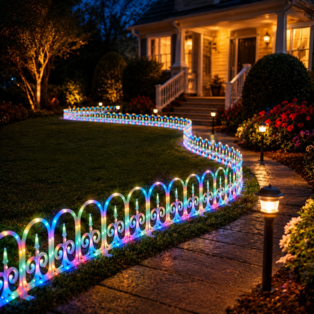 8-piece solar outdoor lights, decorative simulated garden fences that can be spliced together. IP65 splash-proof for outdoor use, featuring 12 flashing modes and a 3600mAh battery. An ideal choice for Christmas, Independence Day,