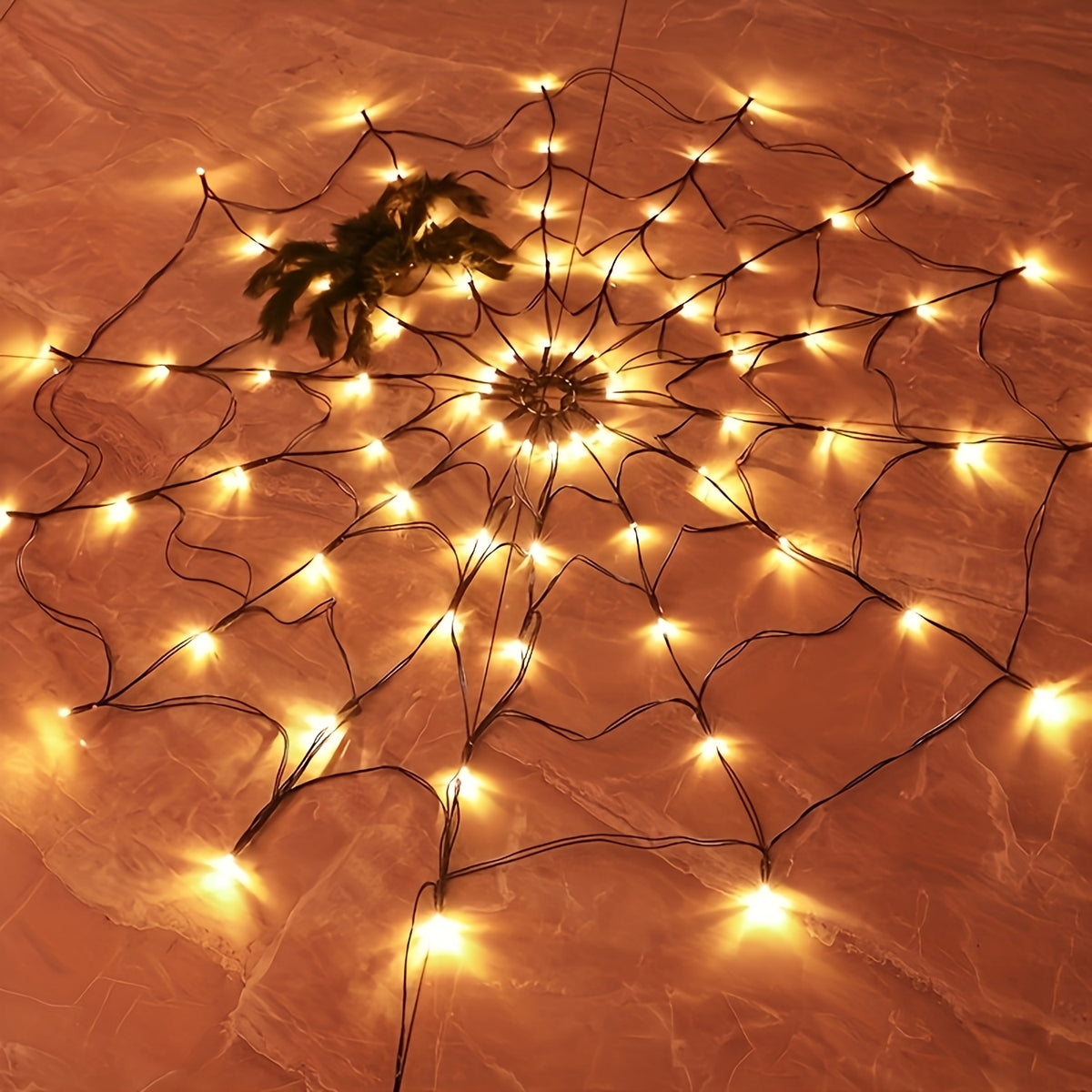 Halloween Decorative Lights, Orange & Purple Lights, Orange Net Lights Halloween Spider Web Lights - 4ft Diameter with 70 LEDs, Indoor Decor Lights, 8-Mode Spider Web Halloween Decor (3 AA Batteries Not Included; Spider Doll Not Included)
