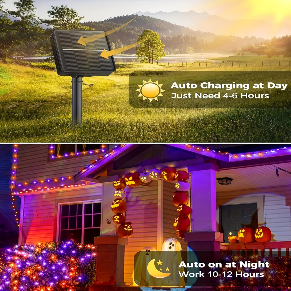 Halloween decorative lights, orange and purple lights, solar outdoor string lights, 1 pack, 39 feet with 100 LEDs and 8 lighting flash modes. These waterproof lights are ideal for decorating your garden for Halloween, parties or Christmas trees.
