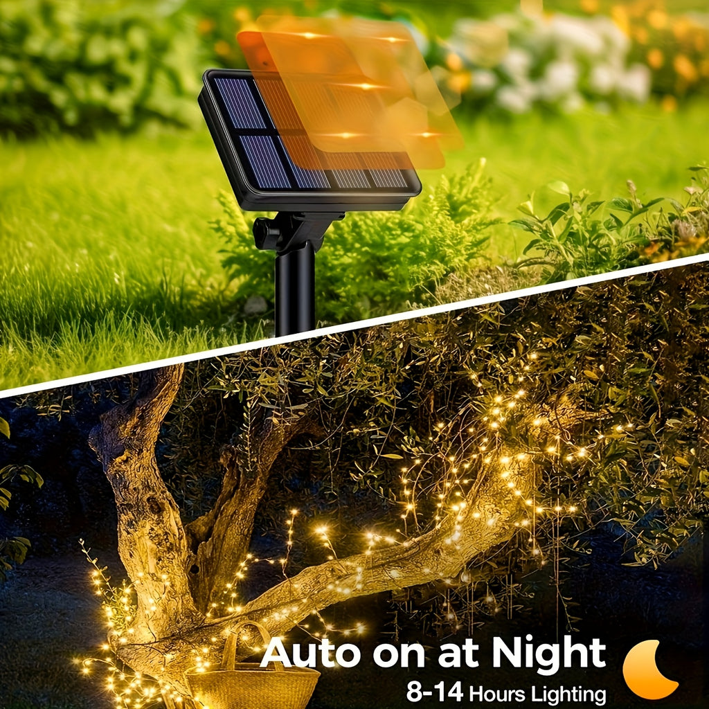 1 Pack Solar Powered Outdoor Copper Wire Fairy String Lights with 100 LEDs, suitable for Christmas, Halloween, Easter and other holiday decorations. Essential outdoor light strings for courtyard, garden and camping decor.