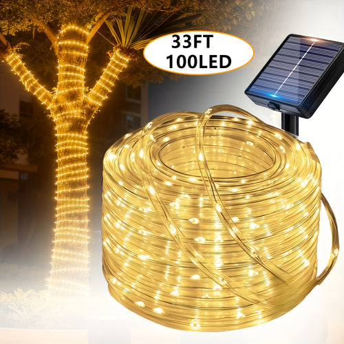 1 Pack 100 LED Outdoor Fairy Light String, 33 Feet Solar Powered Clear Hose Light String, IP65F Waterproof Twinkling Garden Decor Rope Lights with 12 Flashing Modes, Auto On at Dusk, Decorate Your Yard, Trees, Fences,
