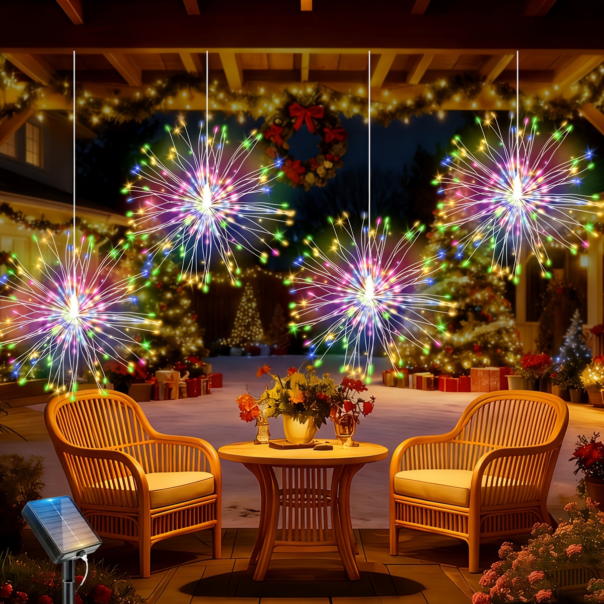 240 LED Solar Hanging Firework Lights, 4 firework lights powered by one main unit, starburst ball lights with 8 selectable modes.balcony railings and porch dinner lighting accents on Christmas Eve, IP44 splash-proof for outdoor use