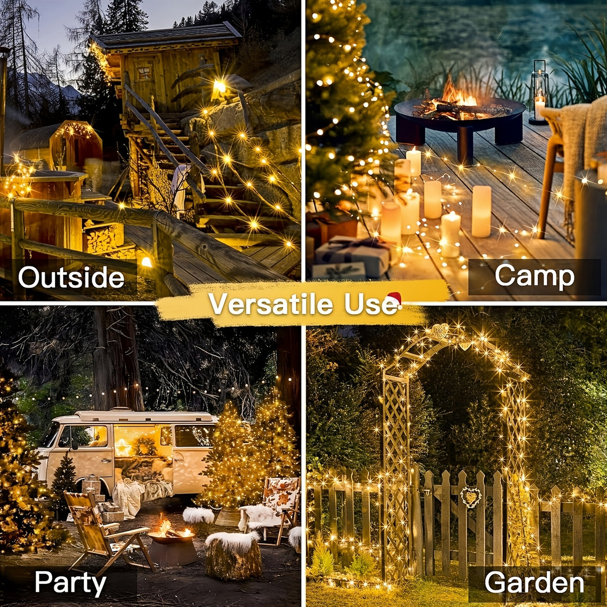 2 Pa Solar Fairy Copper Wire Lights with 100/200/300 high-brightness LED beads, solar-powered, 12 lighting modes. Outdoor fairy string lights suitable for decorations in gardens, yards, fences, camping, parties, birthdays and Christmas.