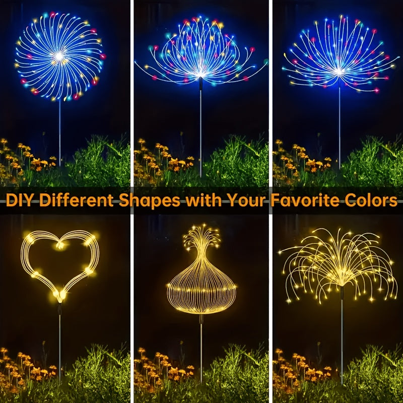 4 Solar Firework Lights, Outdoor Garden 240 LED Firework Lights for Christmas and Thanksgiving Decorations, IP44 Waterproof with 8 Lighting Modes, Warm White / Multicolor Balconies, Pathways, Lawns and Camping
