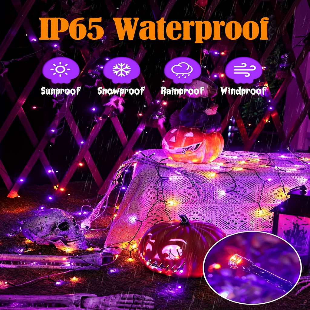 4 Packs Solar Halloween Decorative Lights, Orange and Purple Lights. Each pack of solar outdoor string lights (39FT-100LED) features 8 lighting flash modes. These waterproof lights are ideal for decorating your garden for Halloween,
