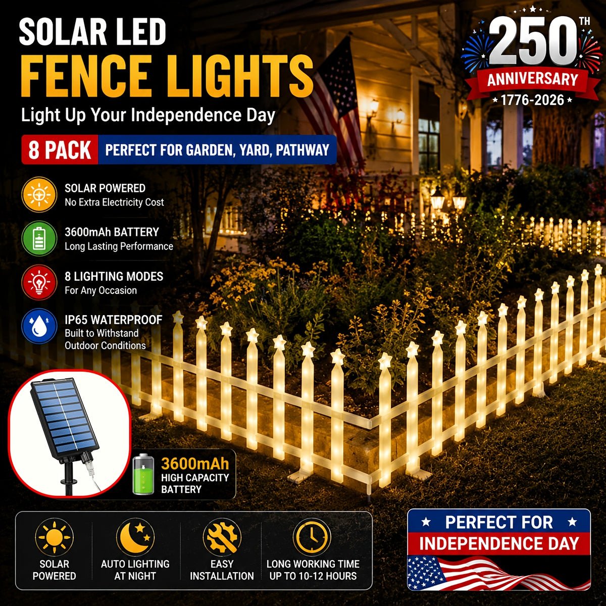 8-Piece Solar Outdoor Lights, Independence Day Decorative Lights, July 4th Star Decor Lights, Simulated Fence for Garden Decoration, Connectable in Multiple Sets, IP65 Splash-Proof for Outdoor Use, 8 Flashing Modes, 3600mAh Battery.