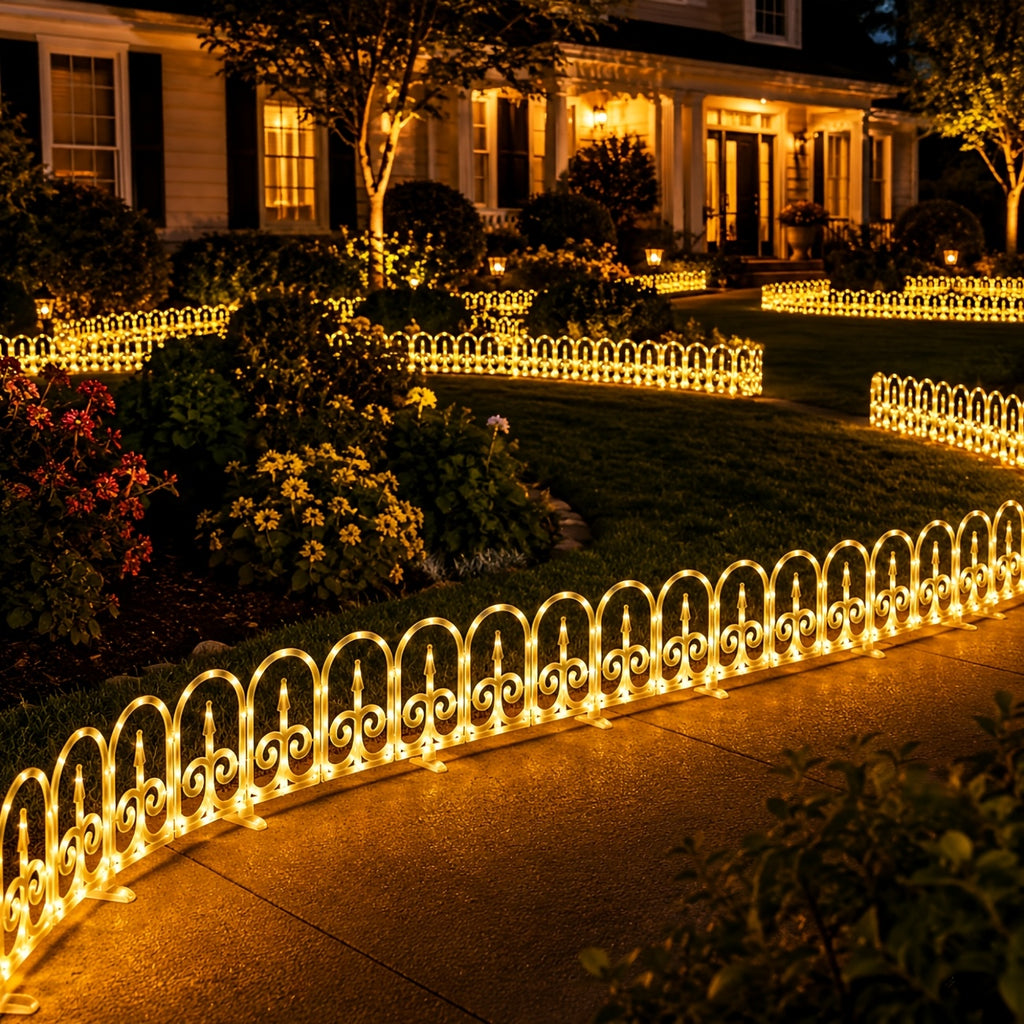 8-piece solar outdoor lights, decorative simulated garden fences that can be spliced together. IP65 splash-proof for outdoor use, featuring 12 flashing modes and a 3600mAh battery. An ideal choice for Christmas, Independence Day,