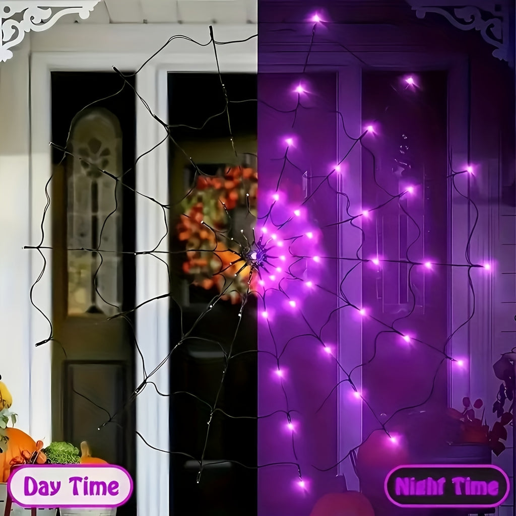 Halloween Decorative Lights, Orange & Purple Lights, Orange Net Lights Halloween Spider Web Lights - 4ft Diameter with 70 LEDs, Indoor Decor Lights, 8-Mode Spider Web Halloween Decor (3 AA Batteries Not Included; Spider Doll Not Included)