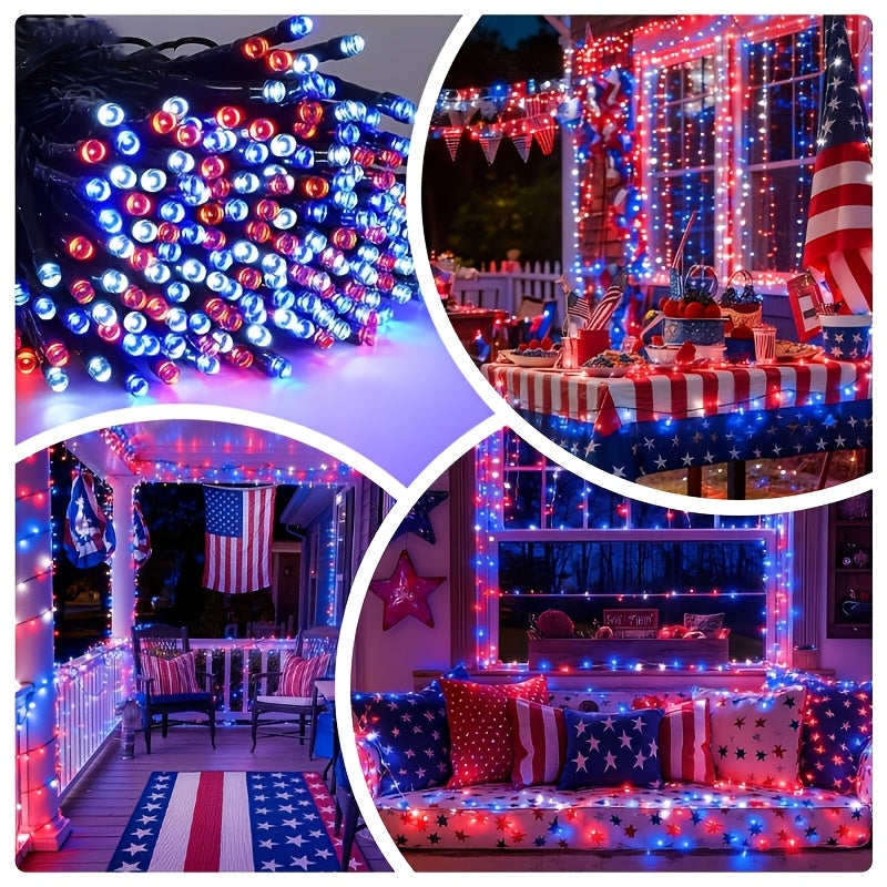 Red White Blue Solar String Lights for Independence Day, 4 Sets with 100 Lights Each, 8 Lighting Modes, Patriotic Decorative Lights. Battery-Free Holiday Ambience Rope Lights, IP65 Splash-Proof for Outdoor Use, Suitable for Courtyards, Gardens,
