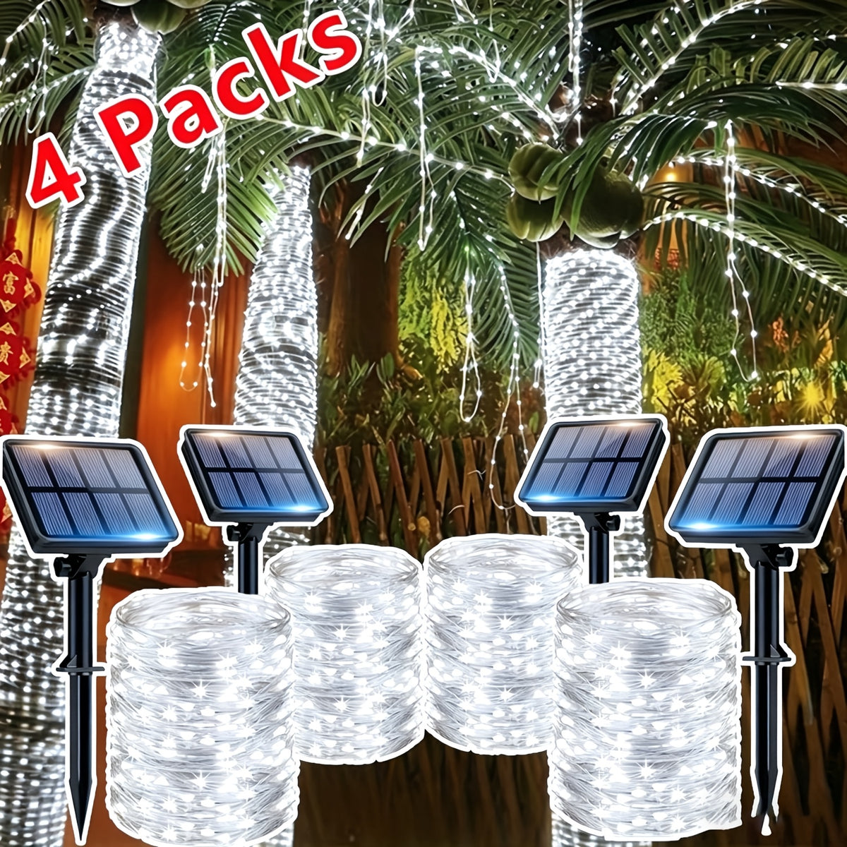 Outdoor Solar String Light Set (4 Pack, 472.44 Inches per Pack with 100 LED Bulbs), IP44 Rated, 8 Lighting Modes, Ideal for Villas, Parties, Trees, Gardens, Ramadan, Valentine's Day, Christmas and Wedding Decorations