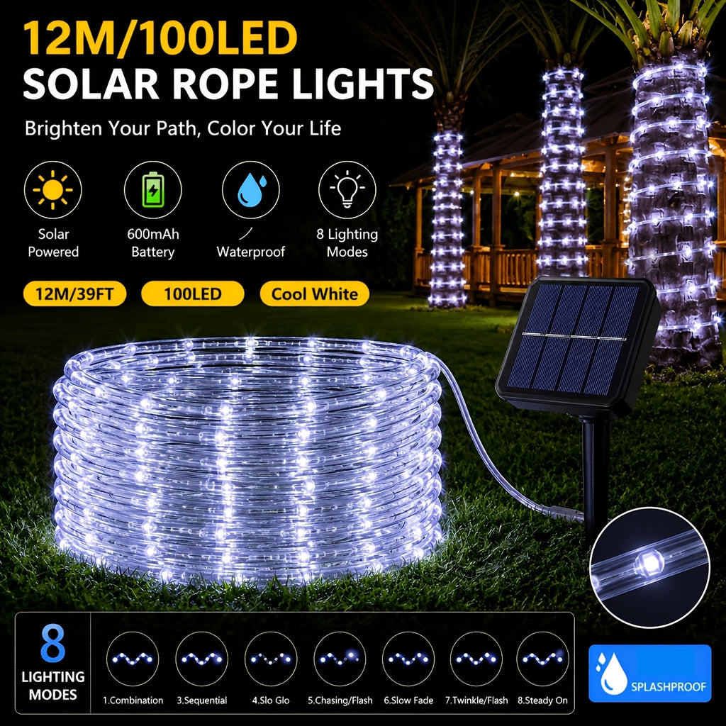 1 Pack Waterproof Solar Outdoor String Lights with 100 LED Bulbs, 39 Feet Length, Eave Decorative Lights, Outdoor Light Strips, IP44 Waterproof Tube Lights, 8 Flashing Modes, Fairy Lights for Courtyards, Gardens, Trees, Parties and Festival Decorations