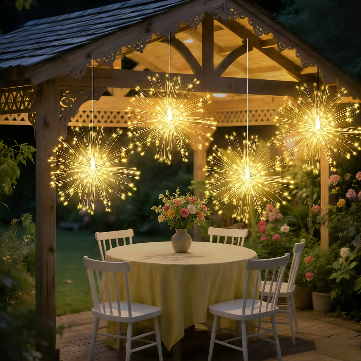 240 LED Solar Hanging Firework Lights, 4 firework lights powered by one main unit, starburst ball lights with 8 selectable modes.balcony railings and porch dinner lighting accents on Christmas Eve, IP44 splash-proof for outdoor use