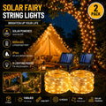 2 packs of solar light strings, ambient lights. Each pack is 39 feet long with 100 LED solar lights. Each string features copper wire flickering with 8 lighting modes, suitable for wedding decorations and outdoor use with IP44 waterproof rating.