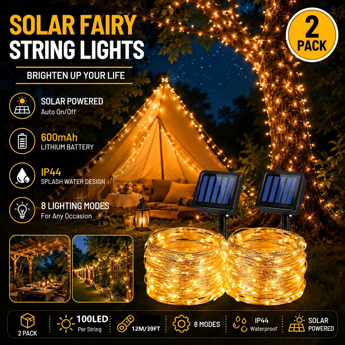 2 packs of solar light strings, ambient lights. Each pack is 39 feet long with 100 LED solar lights. Each string features copper wire flickering with 8 lighting modes, suitable for wedding decorations and outdoor use with IP44 waterproof rating.