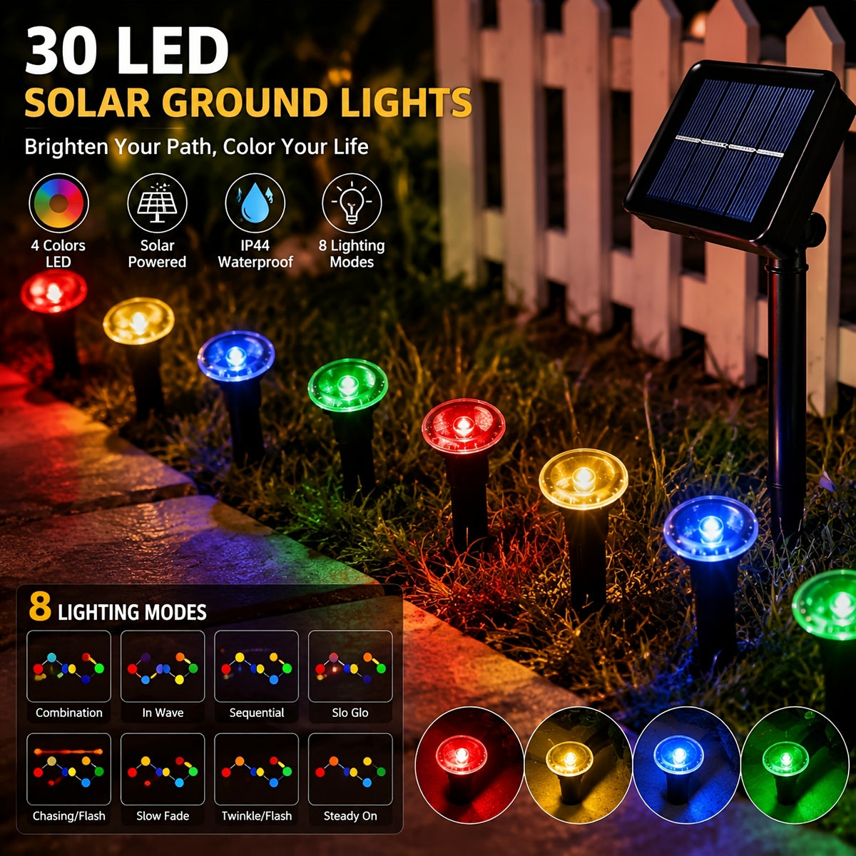 30 Solar Path Lights, Garden Decor Lights, Outdoor Ground Lamps, Landscape Lighting Decorations with 8 switchable modes, solar powered, IP44 waterproof. Ideal for lawns, camping, parties, dances, weddings and Christmas decorations.