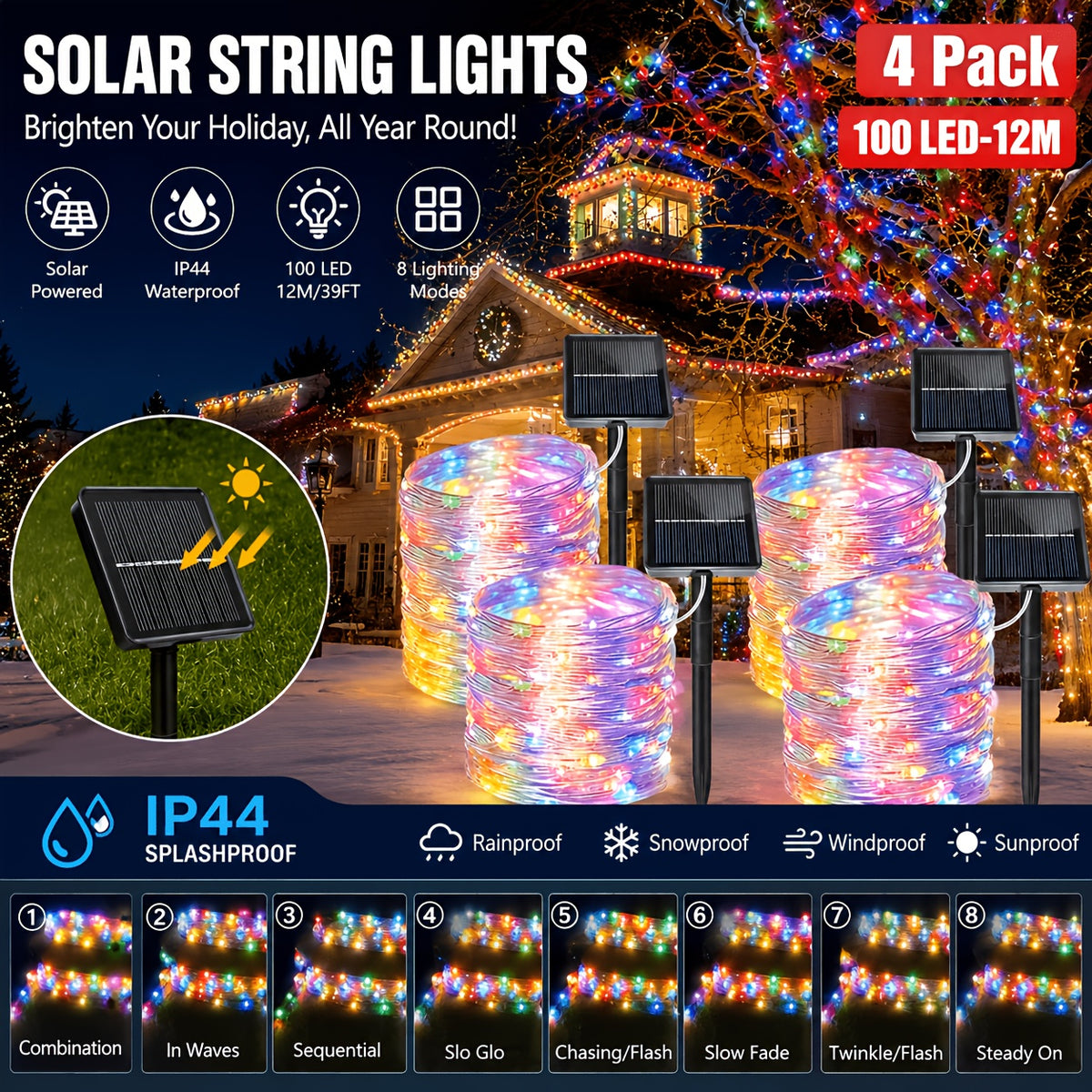 4 packs solar string lights, multiple colors available, total length 160 feet (39 feet per pack with 100 LEDs). Solar Christmas tree lights with 8 lighting modes, suitable for indoor home, courtyard and party decorations.