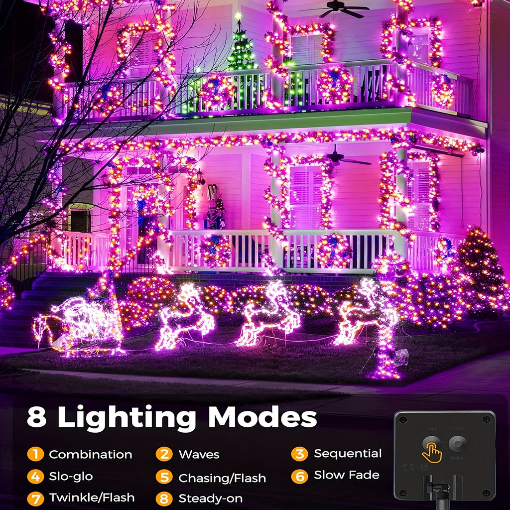 4 Packs Solar Halloween Decorative Lights, Orange and Purple Lights. Each pack of solar outdoor string lights (39FT-100LED) features 8 lighting flash modes. These waterproof lights are ideal for decorating your garden for Halloween,