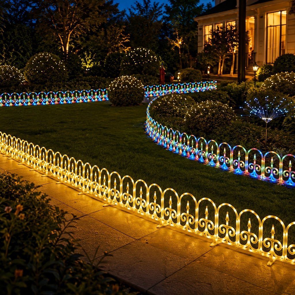 8-piece solar outdoor lights, decorative simulated garden fences that can be spliced together. IP65 splash-proof for outdoor use, featuring 12 flashing modes and a 3600mAh battery. An ideal choice for Christmas, Independence Day,