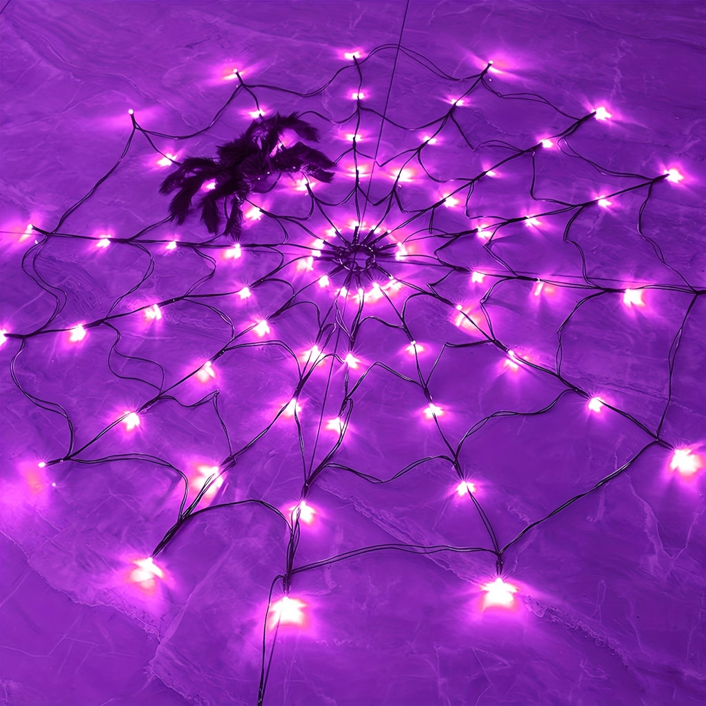 Halloween Decorative Lights, Orange & Purple Lights, Orange Net Lights Halloween Spider Web Lights - 4ft Diameter with 70 LEDs, Indoor Decor Lights, 8-Mode Spider Web Halloween Decor (3 AA Batteries Not Included; Spider Doll Not Included)