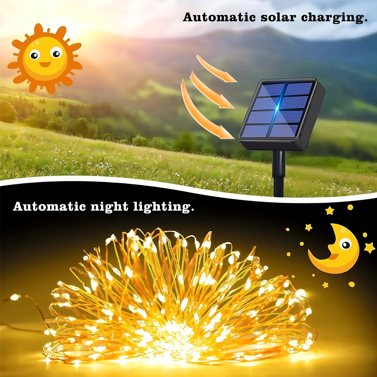 Outdoor Fairy Copper Wire Lights, optional 100/200/300 LEDs, 12 lighting modes, equipped with smart light sensor for automatic on and off. Suitable for decorating gardens, courtyards, camping sites, weddings, trees,  Day. IP44 splash-proof.