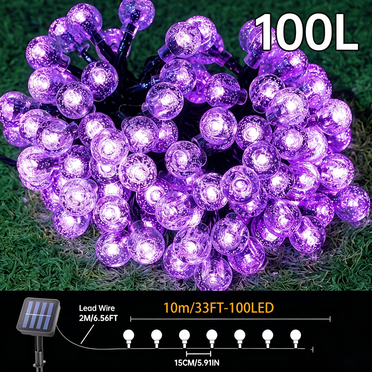 Solar String Lights, 39ft/22ft/16ft, with 12 lighting modes and 100/50/20 LED bubble balls, modern style, plastic material, switch controlled, suitable for gardens, Christmas, weddings, birthdays, holiday themed decorations, Independence Day light strings
