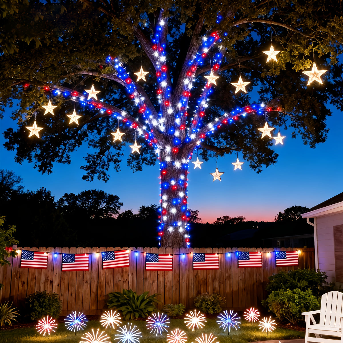 Red White Blue Solar String Lights for Independence Day, 4 Sets with 100 Lights Each, 8 Lighting Modes, Patriotic Decorative Lights. Battery-Free Holiday Ambience Rope Lights, IP65 Splash-Proof for Outdoor Use, Suitable for Courtyards, Gardens,