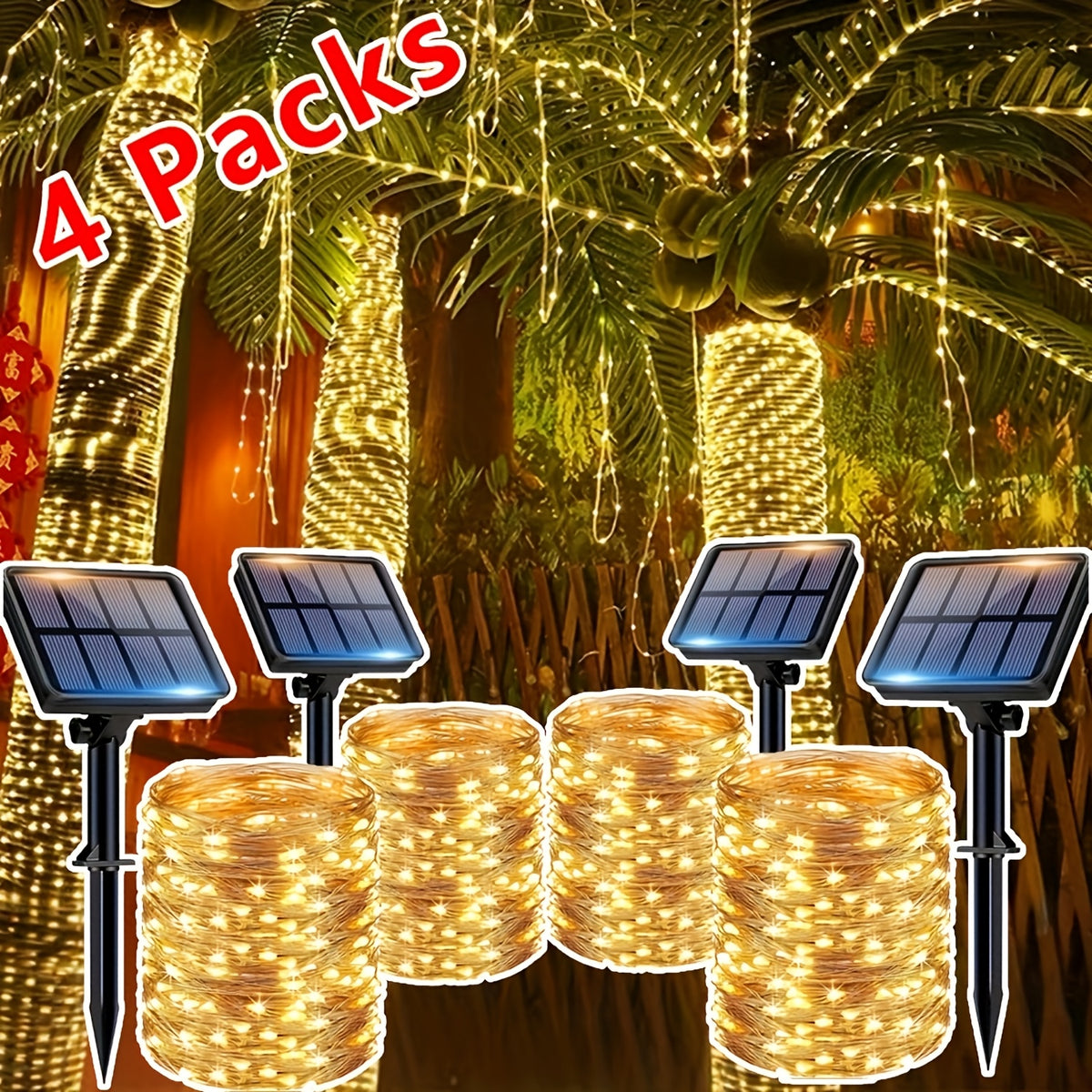 Outdoor Solar String Light Set (4 Pack, 472.44 Inches per Pack with 100 LED Bulbs), IP44 Rated, 8 Lighting Modes, Ideal for Villas, Parties, Trees, Gardens, Ramadan, Valentine's Day, Christmas and Wedding Decorations