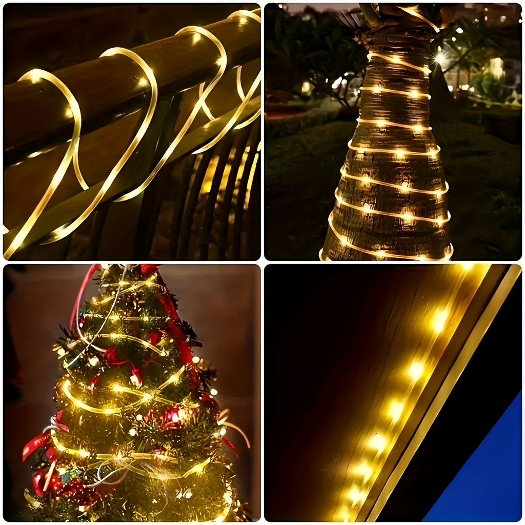 1 Pack 100 LED Outdoor Fairy Light String, 33 Feet Solar Powered Clear Hose Light String, IP65F Waterproof Twinkling Garden Decor Rope Lights with 12 Flashing Modes, Auto On at Dusk, Decorate Your Yard, Trees, Fences,