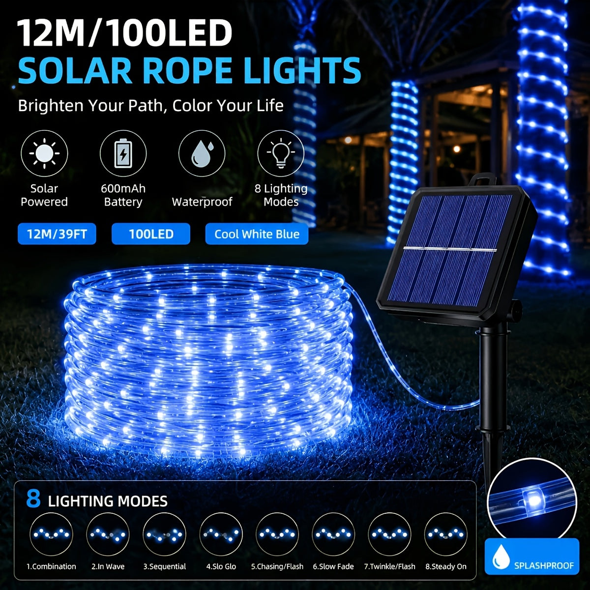 1 Pack Waterproof Solar Outdoor String Lights with 100 LED Bulbs, 39 Feet Length, Eave Decorative Lights, Outdoor Light Strips, IP44 Waterproof Tube Lights, 8 Flashing Modes, Fairy Lights for Courtyards, Gardens, Trees, Parties and Festival Decorations