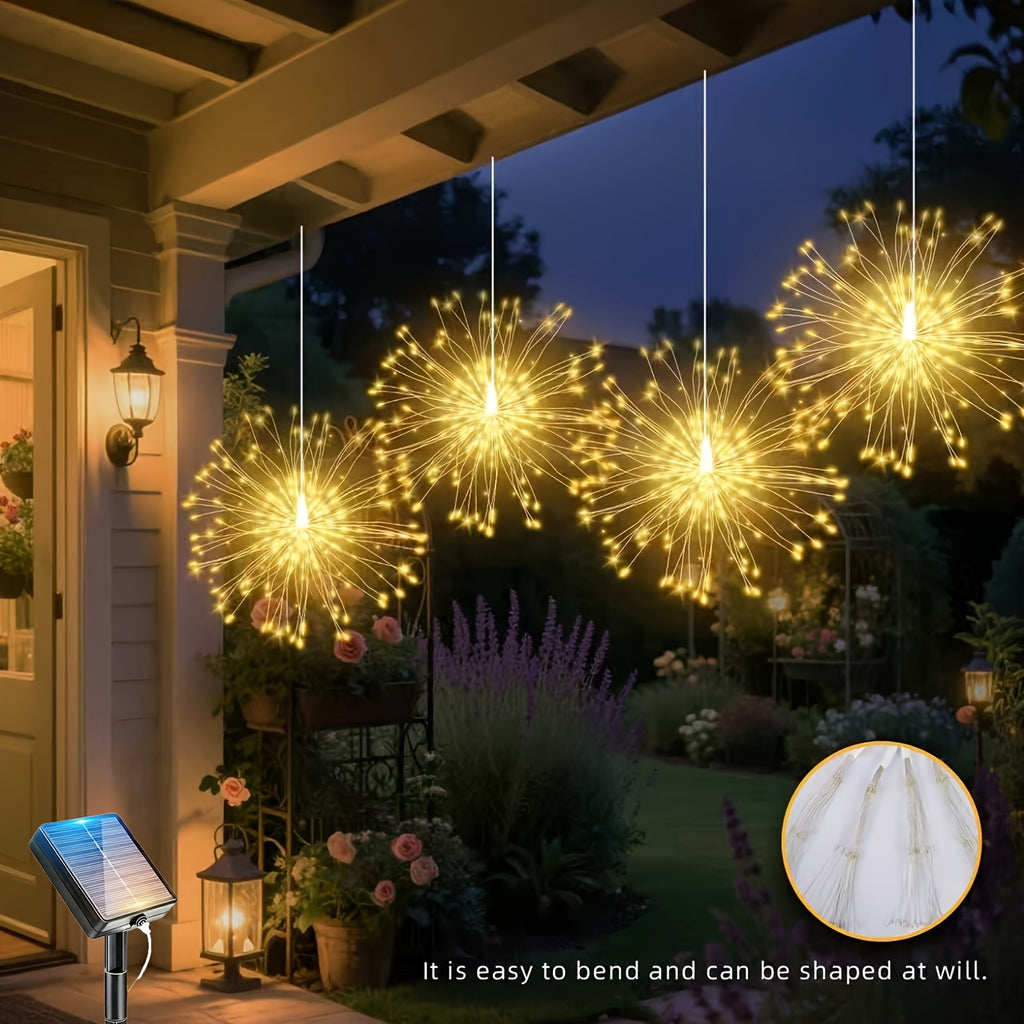 240 LED Solar Hanging Firework Lights, 4 firework lights powered by one main unit, starburst ball lights with 8 selectable modes.balcony railings and porch dinner lighting accents on Christmas Eve, IP44 splash-proof for outdoor use