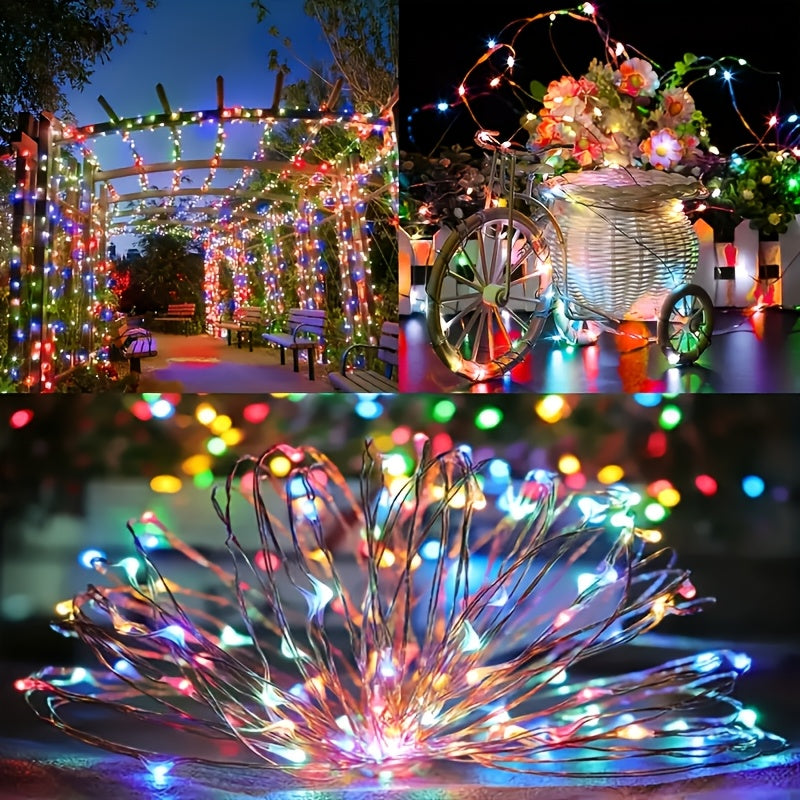 2 packs of solar light strings, ambient lights. Each pack is 39 feet long with 100 LED solar lights. Each string features copper wire flickering with 8 lighting modes, suitable for wedding decorations and outdoor use with IP44 waterproof rating.