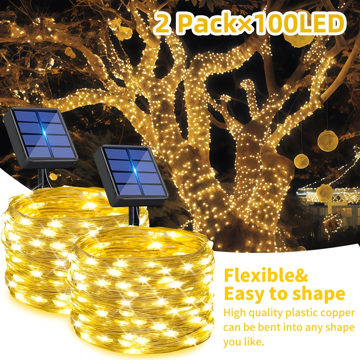 2 Pa Solar Fairy Copper Wire Lights with 100/200/300 high-brightness LED beads, solar-powered, 12 lighting modes. Outdoor fairy string lights suitable for decorations in gardens, yards, fences, camping, parties, birthdays and Christmas.